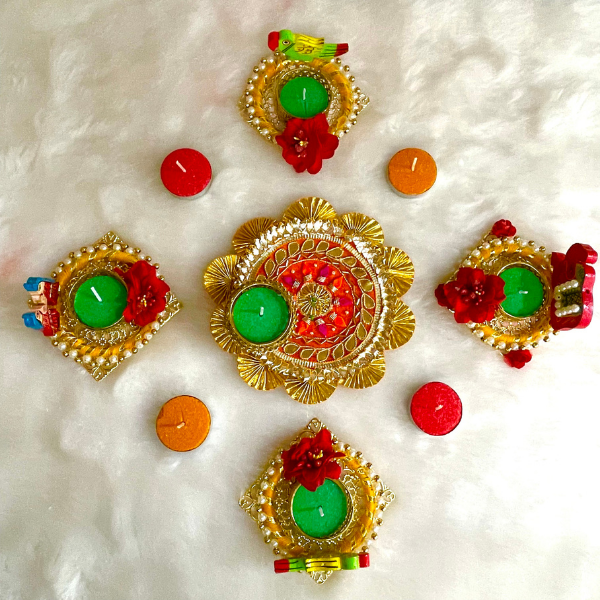 Heavy Gota Work Rangoli Set With Candle