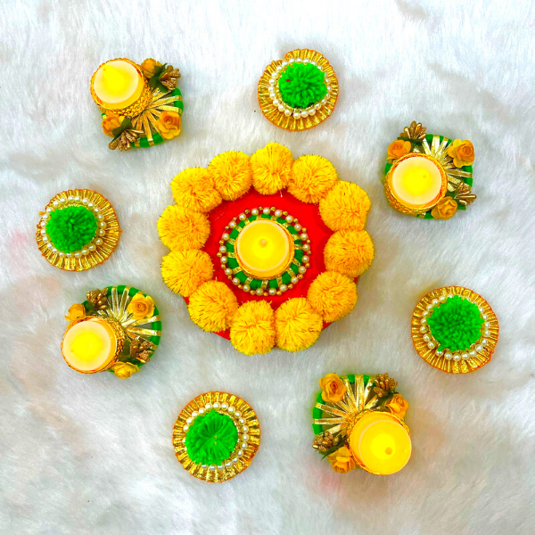 Pom Pom Heavy Rangoli Set with Candles